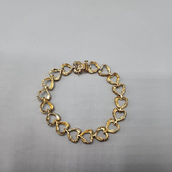 Gold Plated Sterling Silver Heart Link Chain Bracelet 925 Clear Stones 7" Long - Picture 6 of 9